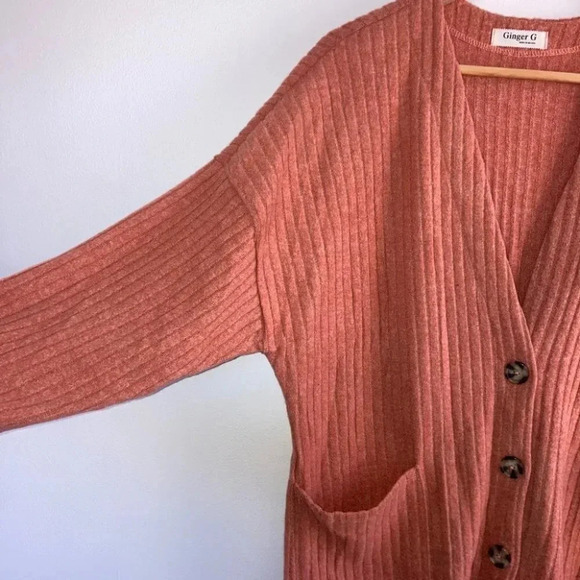 Ginger G Cardigan Medium Terracotta Button Front V-Neck Ribbed Sweater Pockets - Picture 4 of 6
